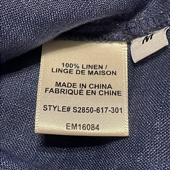 Side Stitch Linen Roll Tab Sleeve V Neck Tunic Blouse Navy Blue Lightweight Sz M - Picture 9 of 13